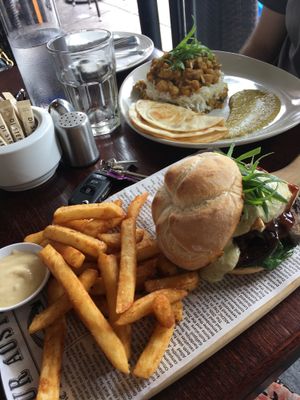 Tofu and eggplant burger & tofu and chickpea curry  at Cafe Nowa in Petersham