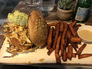 Tofu satay burger with sweet potato fries at Cafe Nowa in Petersham