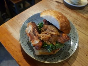 Vegan breakfast roll - vegan chorizo, caremalised onion, kale, olive tapenade. 10/10 at The Copper Mill in Alexandria