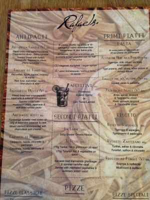 The menu at Rafael's in Kolding