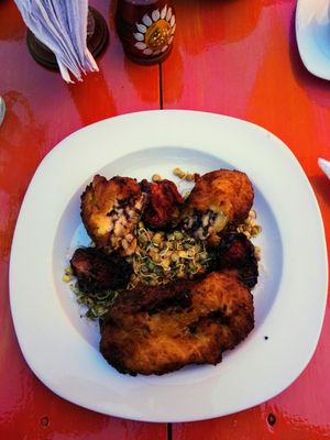 Banana filled with frijoles and sprouted beans (?) at Jardin La Reserva Restaurante in San Cristobal De Las Casas