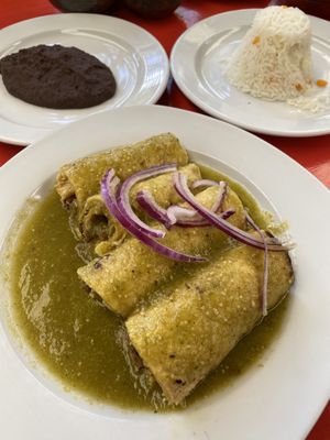 Enchiladas with side of rice and beans at Jardin La Reserva Restaurante in San Cristobal De Las Casas