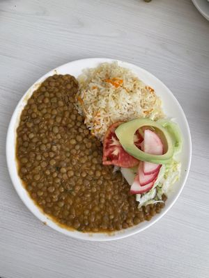 Lentil stew w rice & salad  at La Delicia in Abancay