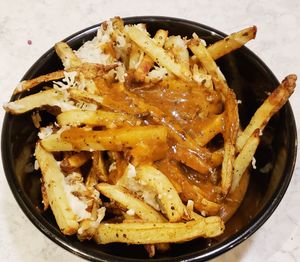 Poutine with cremini mushroom sauce. at Copper Branch in Waterloo