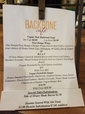 Vegan specials, 2/1/19 at Backbone Cafe in Sacramento
