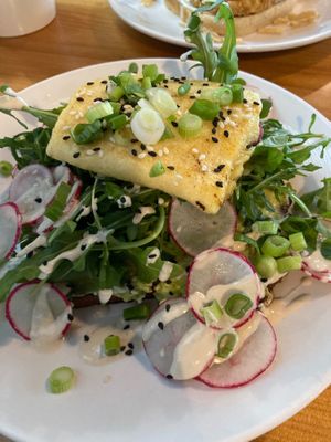 Vegan avocado toast (yes, there is avocado and toast under there!) at Peloton Cafe in Seattle