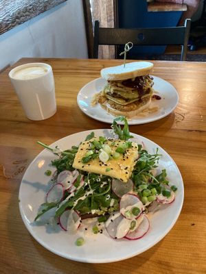 Vegan hot mess, avocado toast, soy latte at Peloton Cafe in Seattle