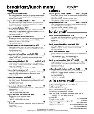 The vegan breakfast menu  at Peloton Cafe in Seattle