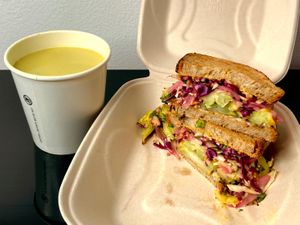 hot “pastrami” sandwich + curried lentil soup (takeout) at Peloton Cafe in Seattle