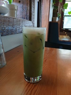 Iced matcha latte with soy milk at Peloton Cafe in Seattle