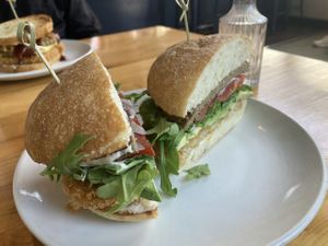 Vegan breakfast sandwich with sausage  at Peloton Cafe in Seattle