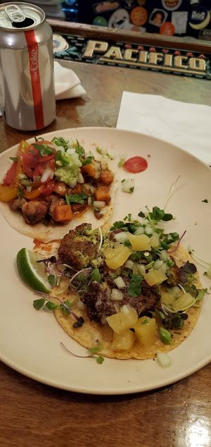 Butternut Squash & Mushroom tinga and Falafel taco at Bull Street Taco in Savannah