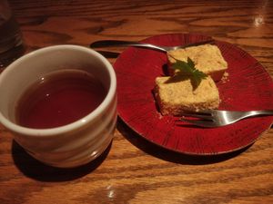 Complimentary hot tea + tofu cheesecake (sadly vegetarian, containing actual cheese) at Sorano in Tokyo