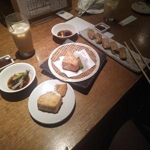 Fried tofu with dip and dumplings at Sorano in Tokyo