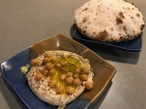 House made brick oven pita and hummus at Dovetail Joint in Richland