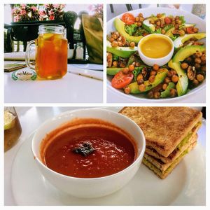 Vegetarian tomato soup is magically transformed to a vegan dish without the cream. Chef swapped out the mozzarella for avo and toasted with olive oil. Lovely!  at Mugg & Bean - Lonehill in Johannesburg