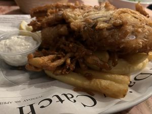 Banana blossom fish with double cooked chips.   at The Saltwater Inn in Porthcawl