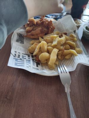 Vegan fish (banana blossom) and chips at The Saltwater Inn in Porthcawl