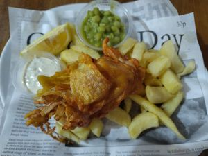 Vegan fish and chips made of banana blossom at The Saltwater Inn in Porthcawl