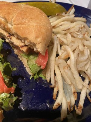 Gardein sandwich with cilantro and lime flavors and matchstick fries. (Fries are cooked with non-vegan food and waiter informed me of that! Yay!)  at Food For Thought in Williamsburg