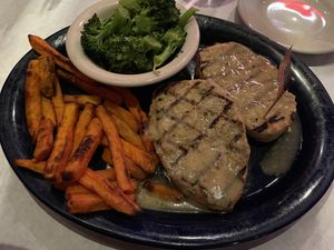 Vegan Gardein cilantro lime chick’n with sweet potato fries (asked for baked for 100% vegan so they don’t put them in a shared fryer) and with broccoli.  at Food For Thought in Williamsburg
