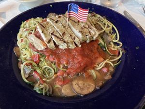 Special: "THE TWIST" ZUCCHINI PASTA with Gardein chicken, and extra mushrooms. No Parmesan cheese.  at Food For Thought in Williamsburg