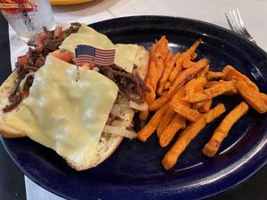 Special Unreal vegan cheesesteak, sub with baked sweet potato fries  at Food For Thought in Williamsburg