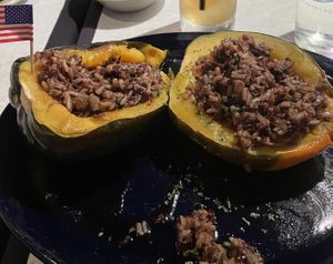Acorn squash stuffed w two types lentils, rice, mushrooms  at Food For Thought in Williamsburg