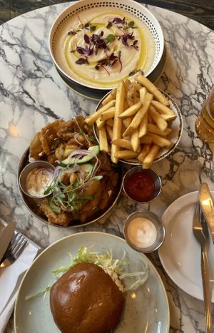 Beyond burger, onion bhaji, skin-on fries, cauliflower soup at The Spread Eagle in East London