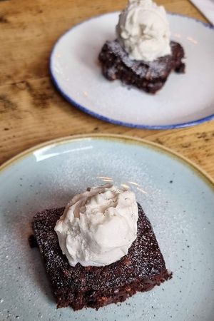 Chocolate praline brownie, vanilla ice cream at The Spread Eagle in East London