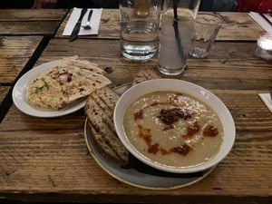 Soup and hummus flatbread   at The Spread Eagle in East London