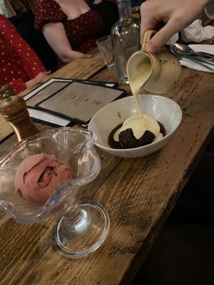 Raspberry icecream and sticky toffee puddingg  at The Spread Eagle in East London