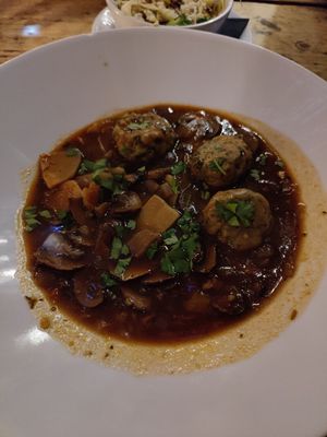 Guinness and mushroom stew and dumplings at The Spread Eagle in East London