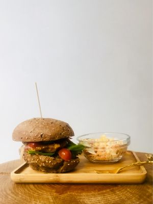 Vegan friendly burger with coleslaw salad. Ask for dressing without mustard  at Pure Food in Tangier