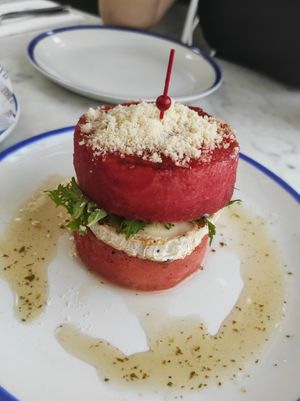 Sandía a la parrilla con Queso de Cabra at Flax & Kale - Sant Pere Mes in Barcelona