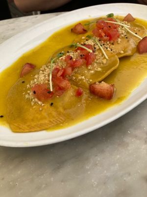 Heart-shaped ravioli  at Flax & Kale - Sant Pere Mes in Barcelona
