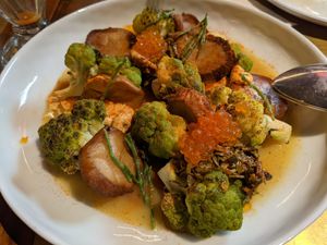 Braised romanesco, tupinambo, oyster mushroom and chimichurri at Flax & Kale - Sant Pere Mes in Barcelona