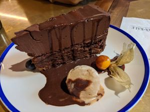 Two textures chocolate cake at Flax & Kale - Sant Pere Mes in Barcelona
