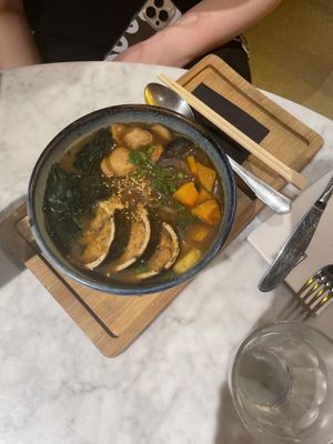 Vegan ramen with mushrooms and watermelon   at Flax & Kale - Sant Pere Mes in Barcelona