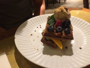 Breakfast waffles  at Flax & Kale - Sant Pere Mes in Barcelona