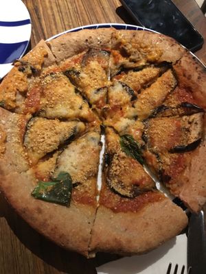 Gluten Free and plant based pizza with eggplant.  at Flax & Kale - Sant Pere Mes in Barcelona