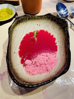Powdered “ice cream” beet soup  at El Invernadero de Rodrigo de la Calle in Madrid