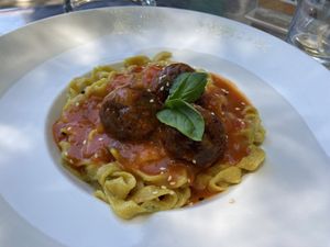Daily menu: vegan tagliatelle with not-meatballs  at Basilic Bistrot in Coyhaique