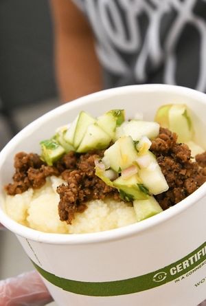 Creamy Chao Grits w- soy sausage and green apple relish  at The Veggie in Madison