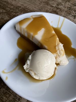 Cheesecake with caramel and vanilla icecream  at The 13th Note in Glasgow