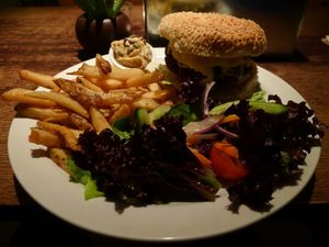 Falafel burger with hummus, salad and fries.  Very very tasty. at The 13th Note in Glasgow