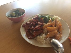 Ginger tofu, potato chips, greens and okra at  Fatty Mama 肥妈家乡素食 in Ipoh