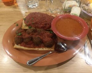 Vegan neatball sandwich with totally tomato soup at Great Full Gardens - South in Reno