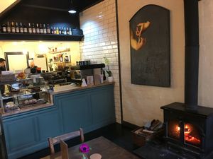 Counter and wood burner  at One Sixty in Burnley