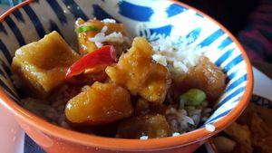 Sweet and sour crispy tofu with rice & kimchi at One Sixty in Burnley